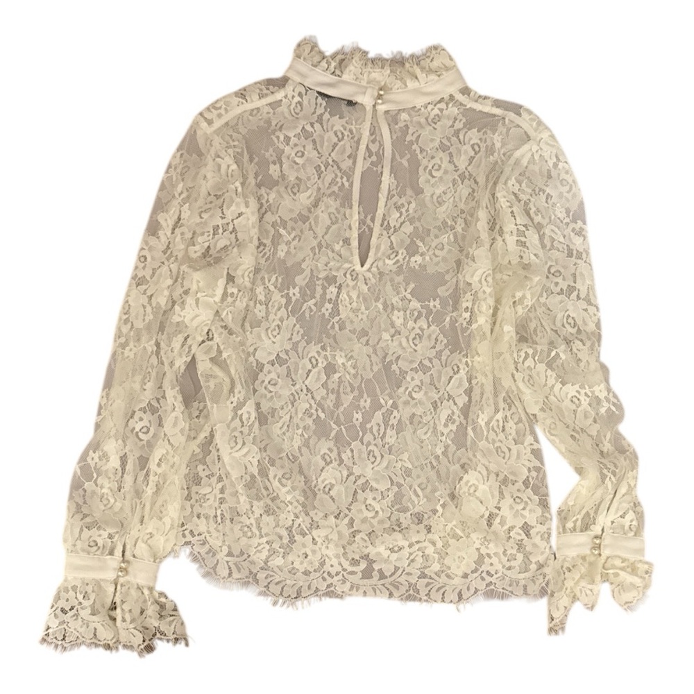 Elegant White Lace Lace Women's Blouse Size Large with Pearl Buttons - Picture 2 of 3
